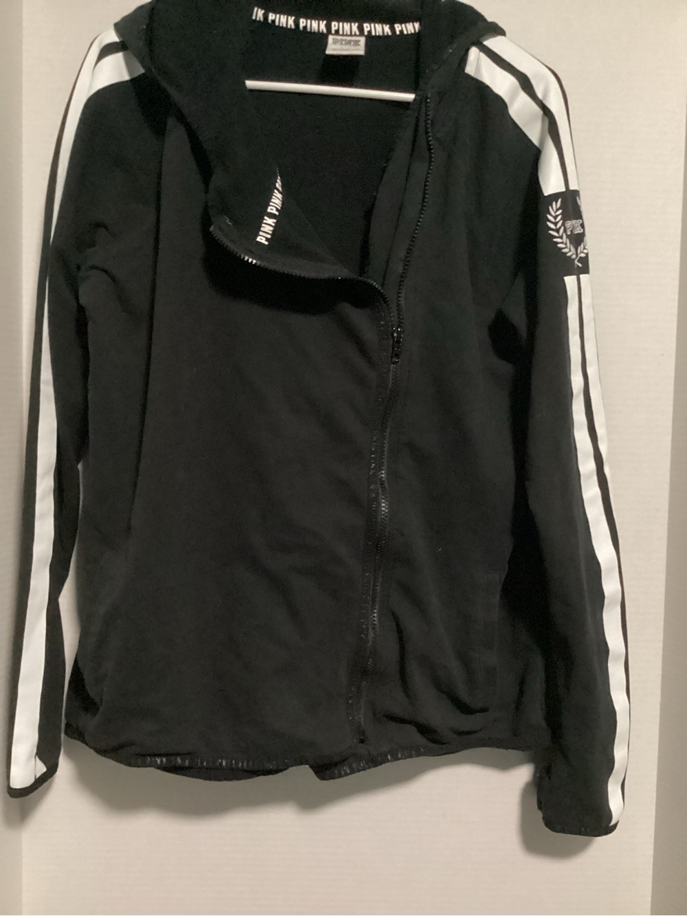 PINK Victoria's Secret Black Zip-Up Hoodie with White Stripes